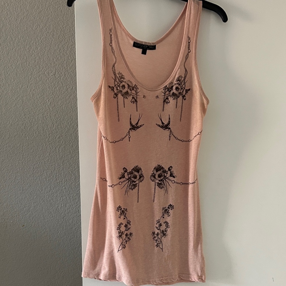 Topshop Pink Floral & Swallow Print Tank Top